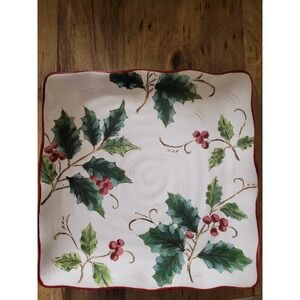 Holiday Serving/Gifting Dish Holly Berry Square Plate Tableware 11" X 11"